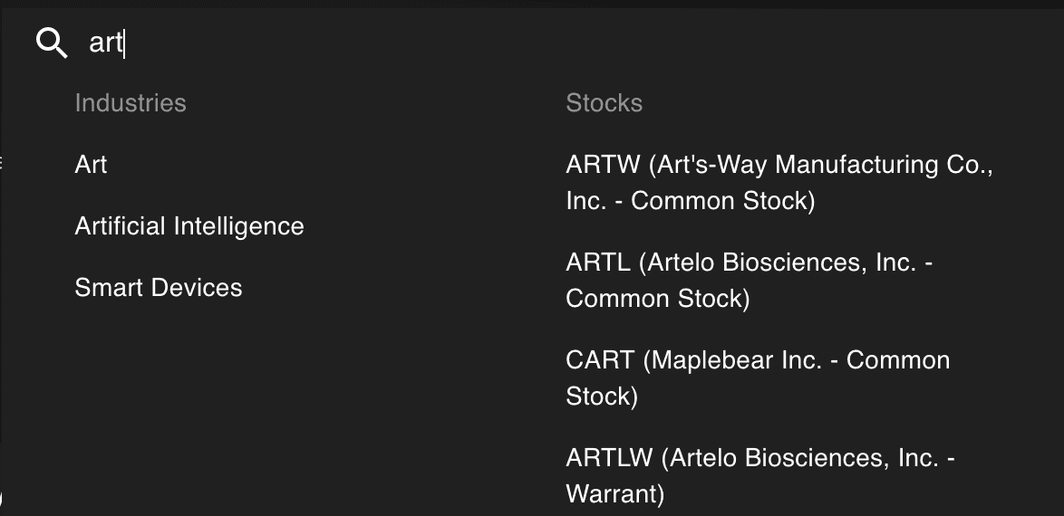 Searching for stocks or industries
