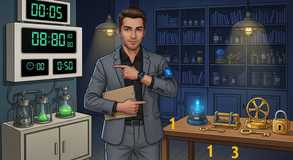 Scientist synchronizes clues with countdown.