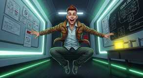 Wonder leaps through neon discovery.