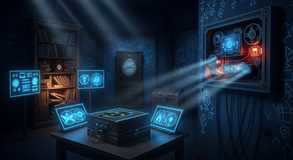 Blueprints hum beneath cryptic glow.