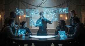 Tactics converge beneath glowing command.