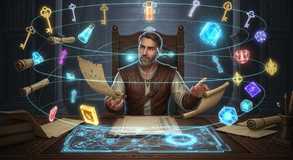 Arcane symbols orbit focused scholar.