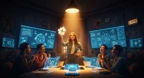 Innovation rises in illuminated hands.