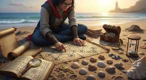 Symbols unfold beneath setting sun.