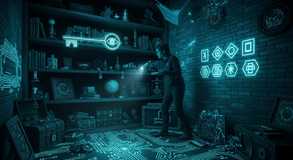 Flashlight reveals encrypted wall secrets.