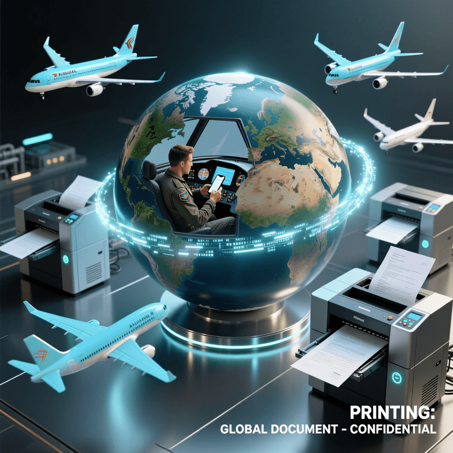 Flugzeuge umkreisen die Welt. Die Piloten senden Dokumente aus dem Cockpit vom Smartphone um die Welt zu einem Drucker oder Kollegen.