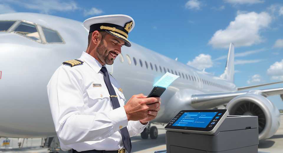 Ein Pilot steht vor seinem großen silbernen Passagierflugzeug während er ein wichtiges Dokument von seinem Smartphone an einen Multifunktionsdrucker sendet.