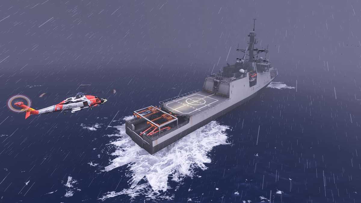 A U.S. Coast Guard helicopter lands on an aircraft carrier in a flight simulator.