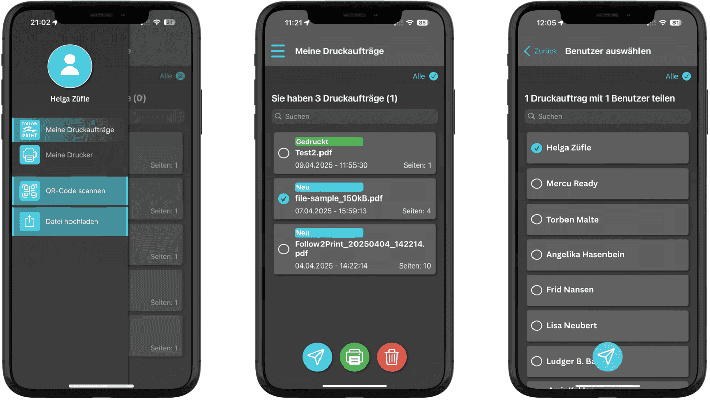 Ansicht der Mobilen Follow'2'Print App.