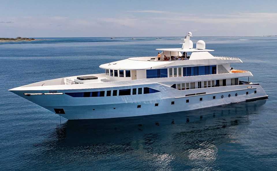 A view from the water of the 131-foot dive yacht Spirit of the Maldives