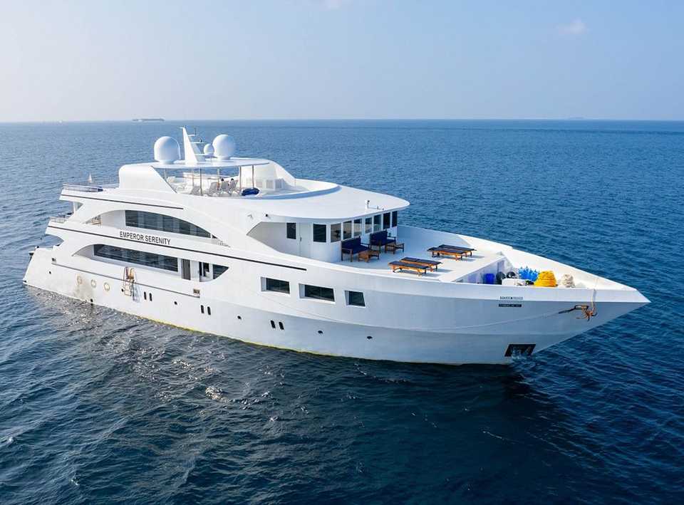 A view from the water of the dive yacht Emperor Serenity