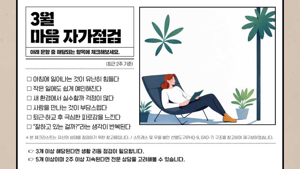 3월 마음 자가점검, 최근 2주 기준 아래 문항 중 해당되는 항목에 체크하세요. 아침에 일어나는 것이 유난히 힘들다, 작은 일에도 쉽게 예민해진다, 새 환경에서 실수할까 걱정이 많다, 사람을 만나는 것이 부담스럽다, 퇴근·학교 후 극심한 피로감을 느낀다, '잘하고 있는 걸까?'라는 생각이 반복된다. 3개 이상 해당 시 생활 리듬 점검 필요, 5개 이상이며 2주 이상 지속 시 전문 상담 권고.