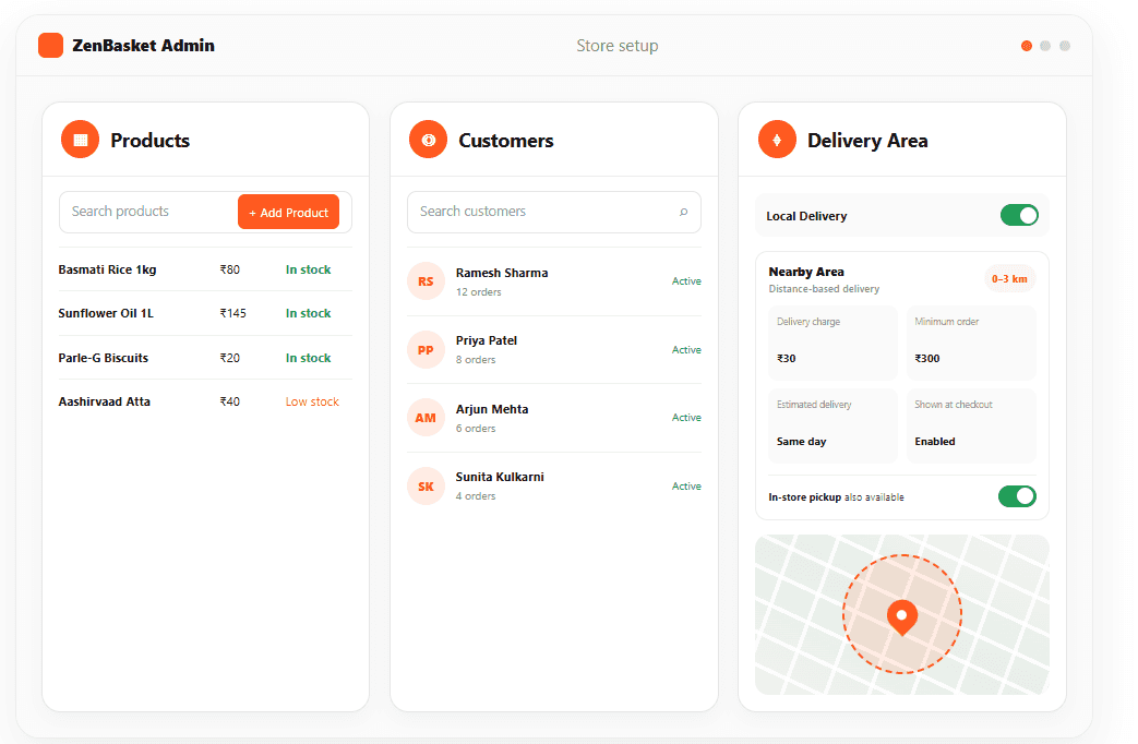 Admin showing products, customers, and local delivery area setup for a kirana store