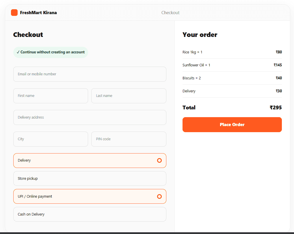 ZenBasket guest checkout feature showing delivery, UPI or COD payment, and order summary without account signup