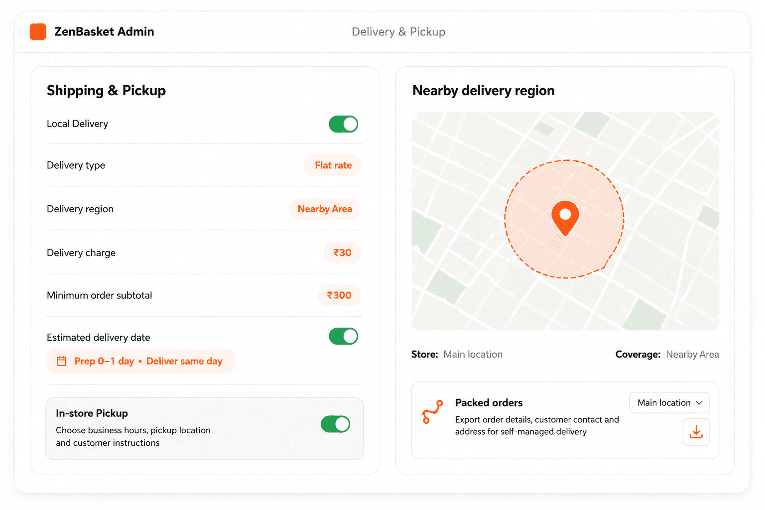 Showing local delivery, shipping rates, pickup options, and routing setup for kirana orders settings in ZenBasket 