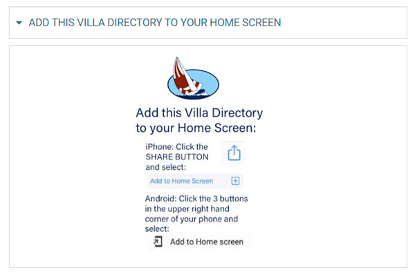 Add your Villa Directory to your hand held device.