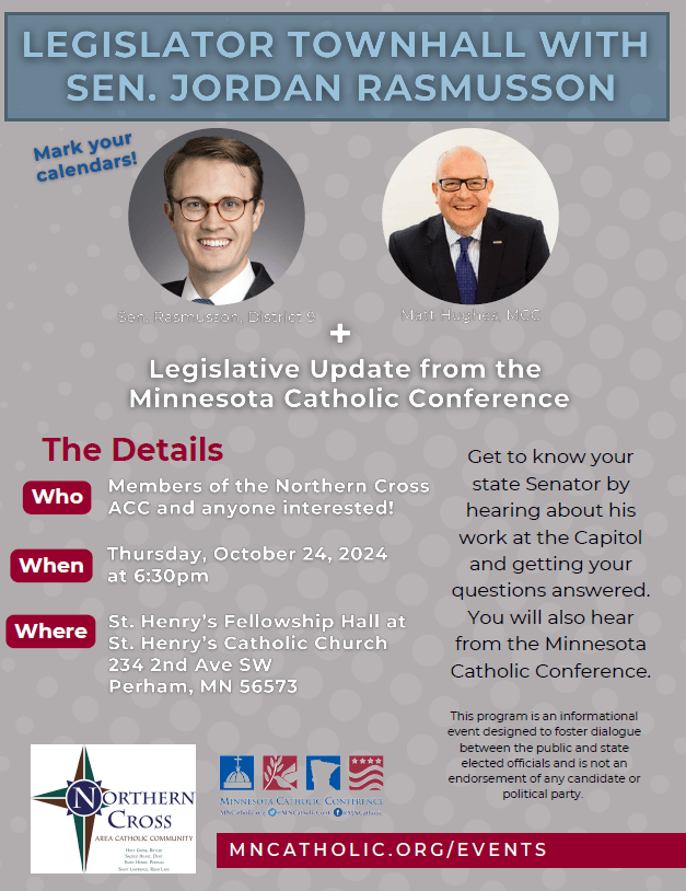 A graphic detailing Senator Rasmusson's upcoming townhall on Thursday, October 24