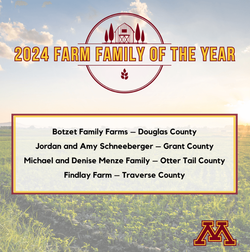 A graphic congratulating the Botset Family, the Schneeberger Family, the Menze Family, and the Findlay Family for being 2024 Farm Families.