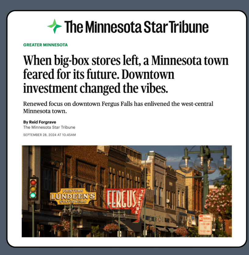A screengrab of a Star Tribune headline that says "When big-box stores left, a Minnesota town feared for its future. Downtown investment changed the vibes."
