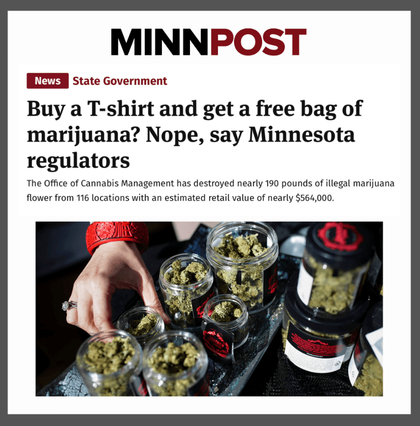 A screengrab of a MinnPost story with the headline "Buy a T-shirt and get a free bag of marijuana? Nope, say Minnesota regulators"