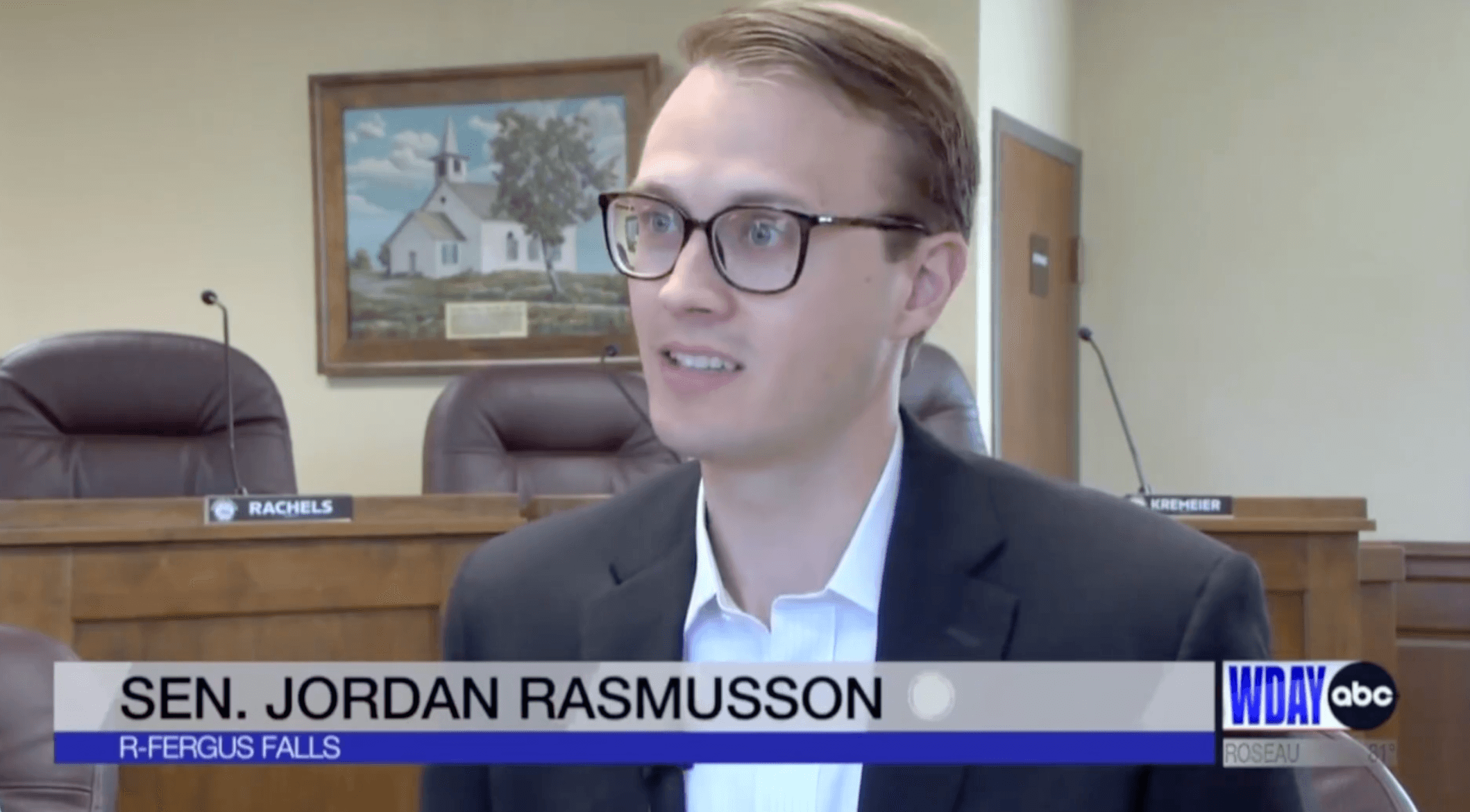 A still from Senator Rasmusson's interview with WDAY TV