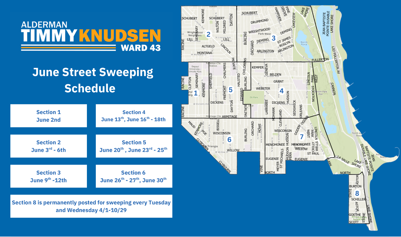April Street Sweeping graphic with a map and highlighted sections. 