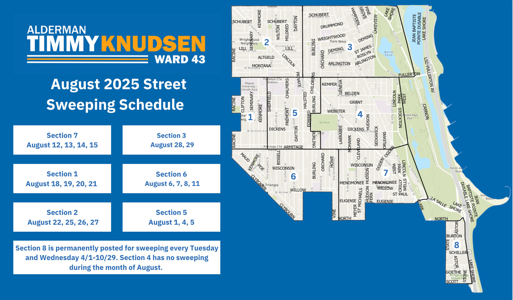April Street Sweeping graphic with a map and highlighted sections. 
