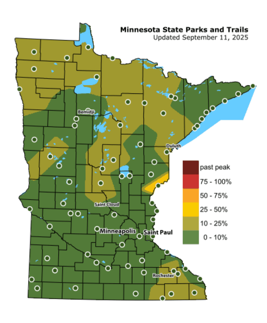 Minnesota State Parks and Trails. Map that shows this year's actual leaf color progression up through today's date. 