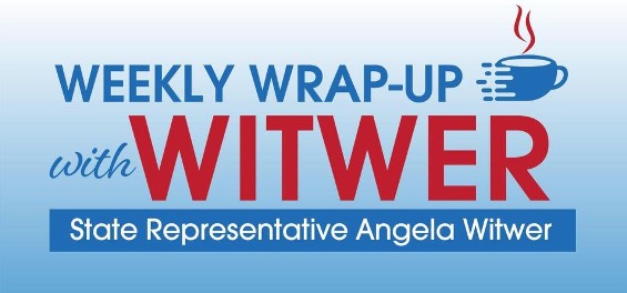 A blue and red banner for Michigan state Representative Angela Witwer's Weekly Wrap-Up with Witwer coffee hour A blue and red banner for Michigan state Representative Angela Witwer's Weekly Wrap-Up with Witwer coffee hour