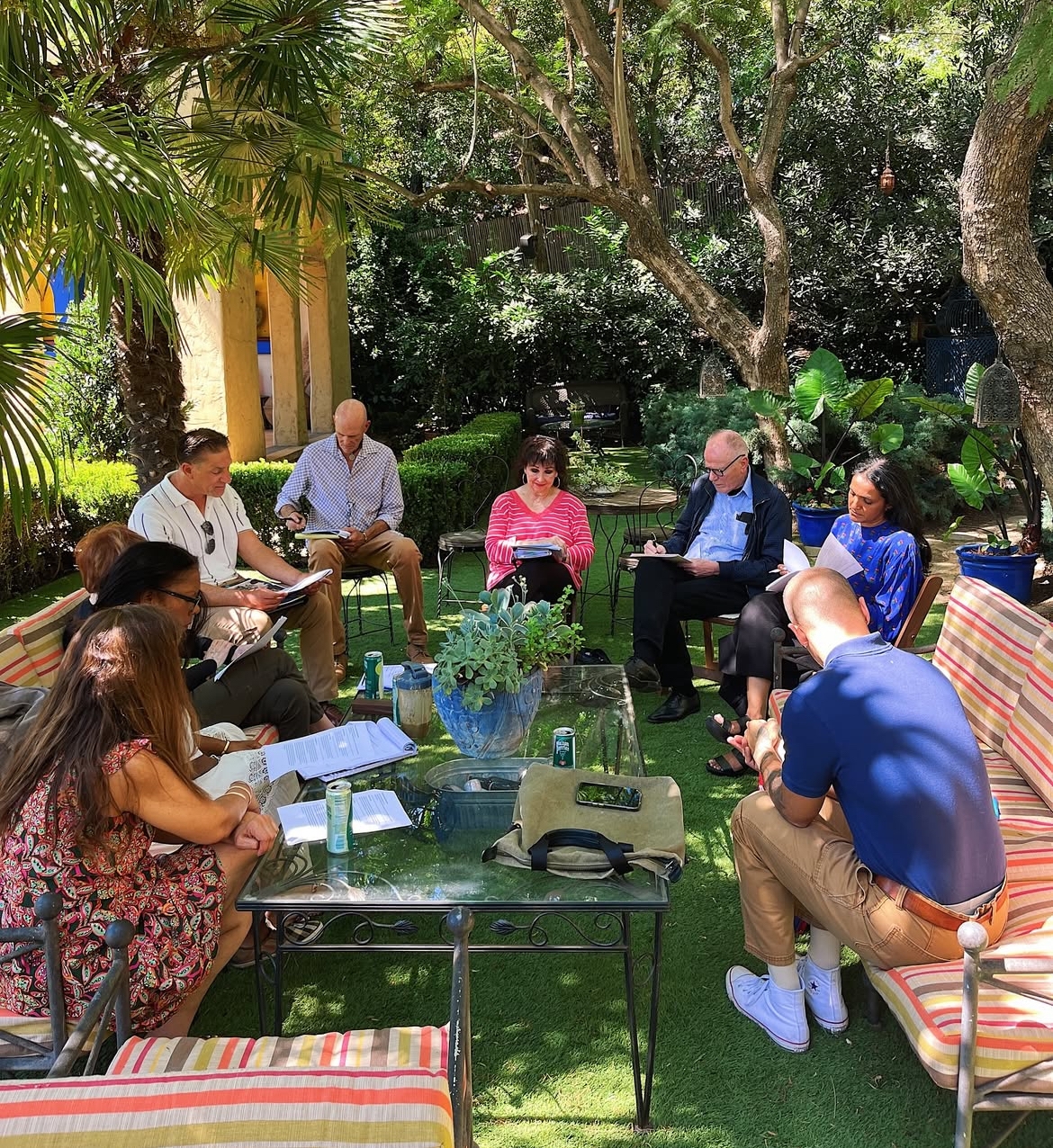 Councilmember Raman sits with residents with residents at a home in the Hollywood Hills for a backyard chat 