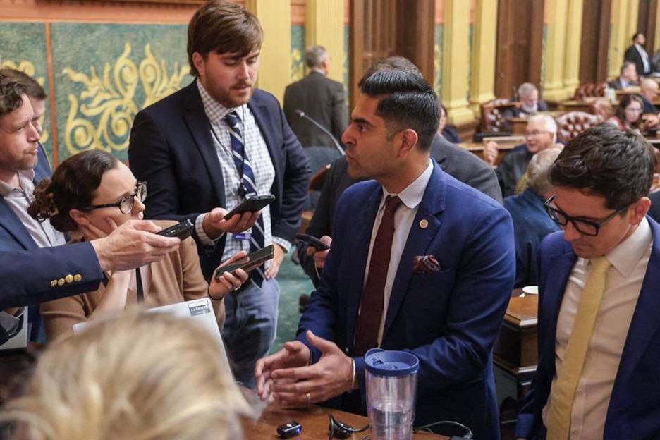 Democratic Leader Ranjeev Puri speaking with members of the press on the House floor. Democratic Leader Ranjeev Puri speaking with members of the press on the House floor.