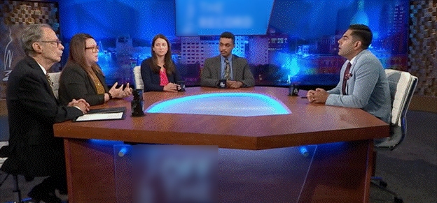 Democratic Leader Ranjeev Puri talking with members of the press around a roundtable during a news broadcast. Democratic Leader Ranjeev Puri talking with members of the press around a roundtable during a news broadcast.