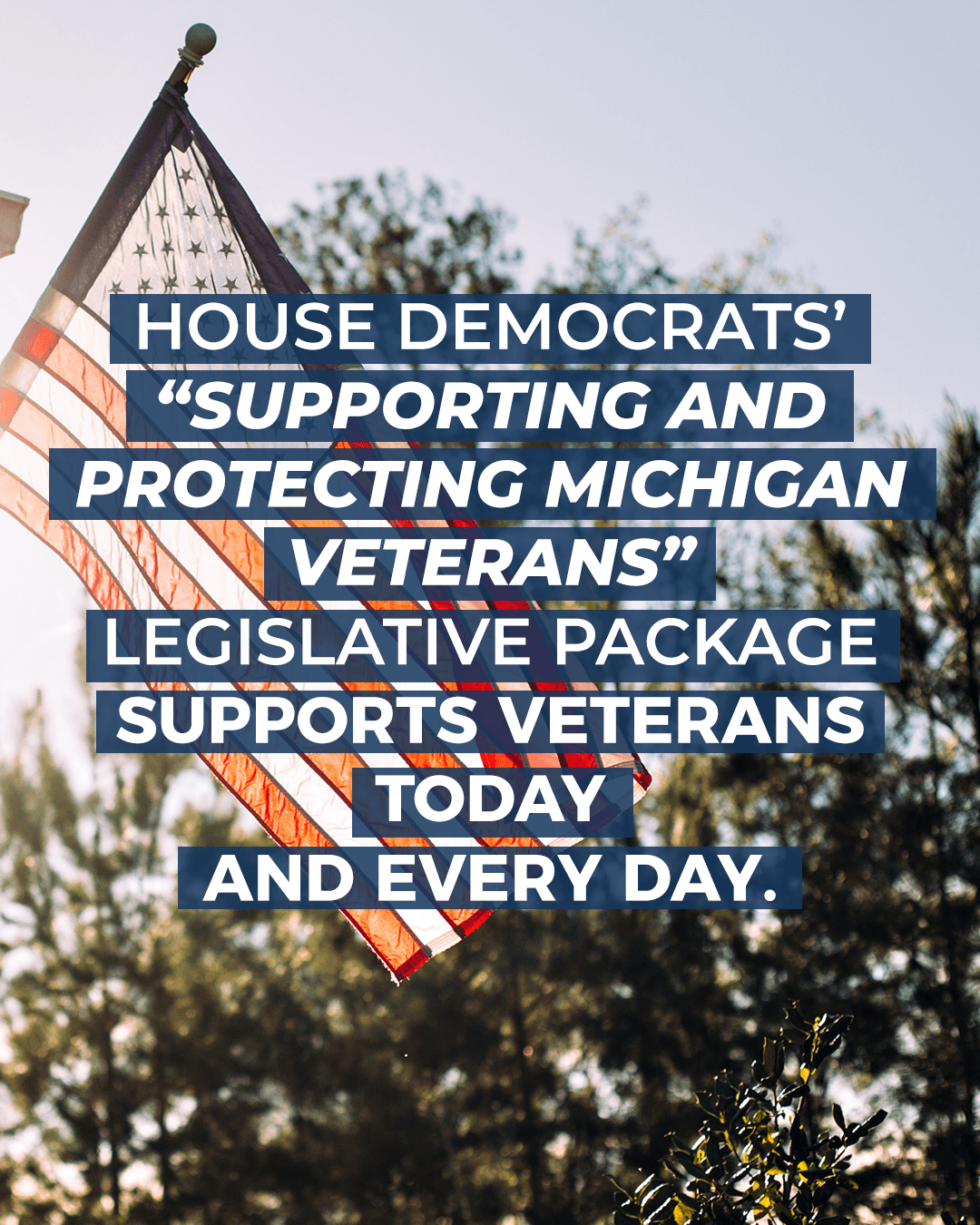 An image of the United States flag blowing in the wind in front of greenery. Text overlaid reads "House Democrats' Supporting and Protecting Michigan Veterans legislative package supports veterans today and every day." An image of the United States flag blowing in the wind in front of greenery. Text overlaid reads "House Democrats' Supporting and Protecting Michigan Veterans legislative package supports veterans today and every day."