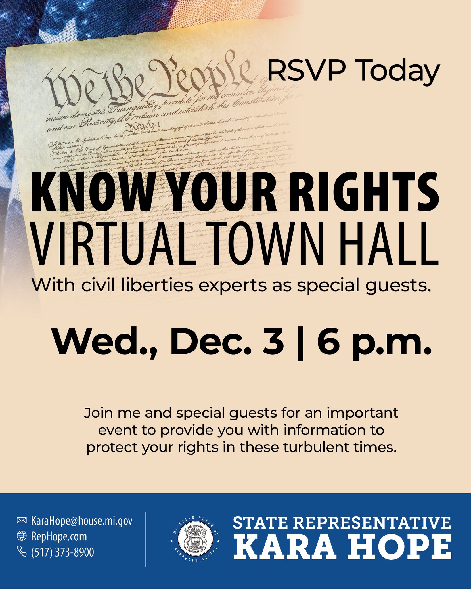 Graphic inviting people to Rep. Kara Hope's Know Your Rights Virtual Town Hall on Wednesday, December 3, at 6 p.m. Graphic inviting people to Rep. Kara Hope's Know Your Rights Virtual Town Hall on Wednesday, December 3, at 6 p.m.