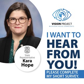 Graphic asking people to complete the Vision Project Survey on Rep. Kara Hope's website. Graphic asking people to complete the Vision Project Survey on Rep. Kara Hope's website.
