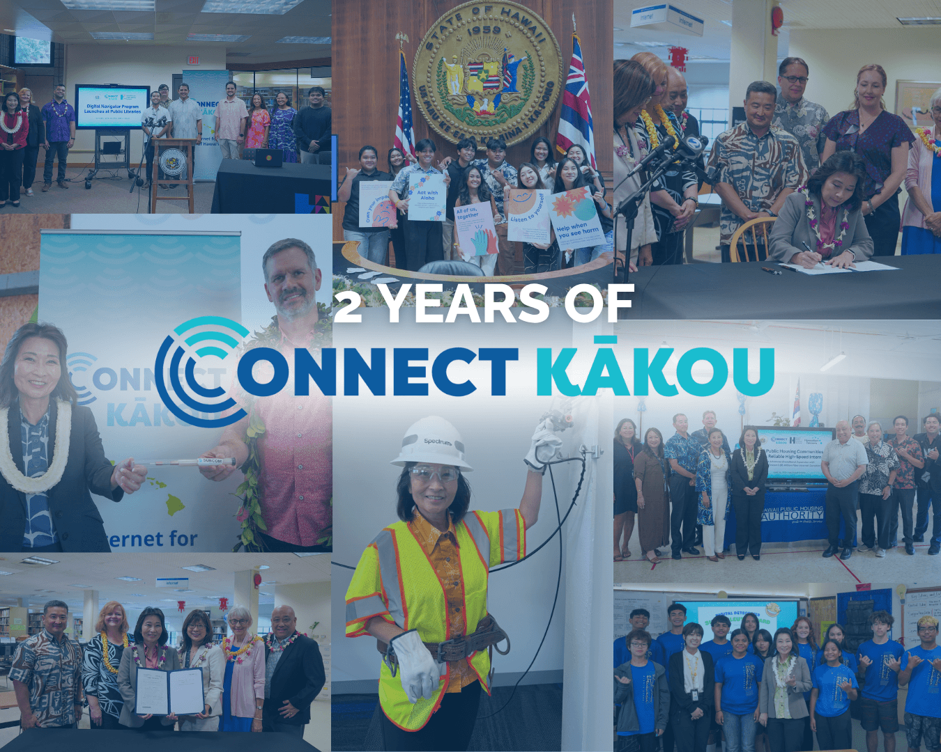 Photo collage of several group pictures featuring people gathered and smiling. 