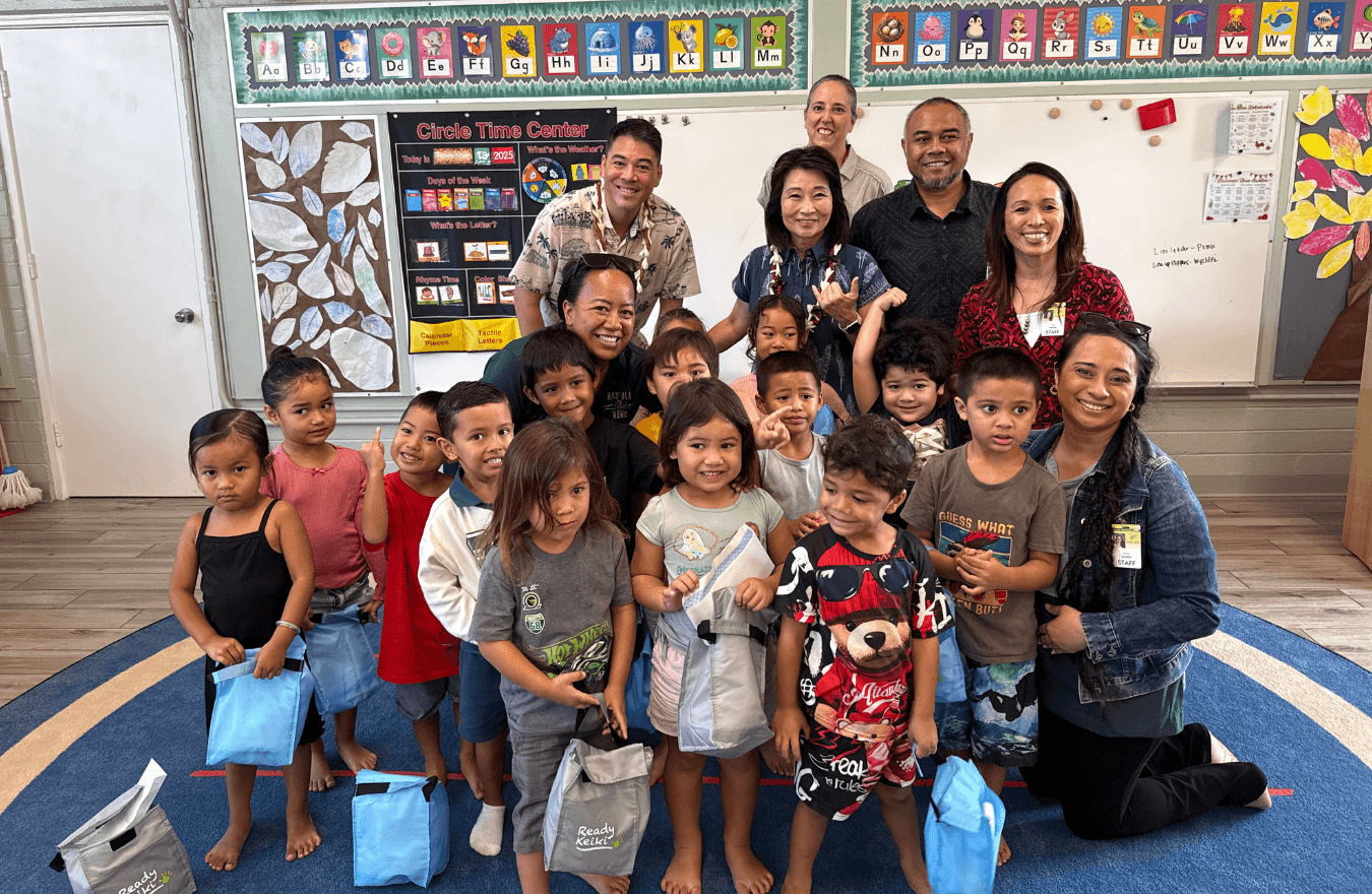 Lt. Gov. Sylvia Luke with legislators, teachers, and pre –k students in a Ready Keiki preschool classroom in Hauʻula. 