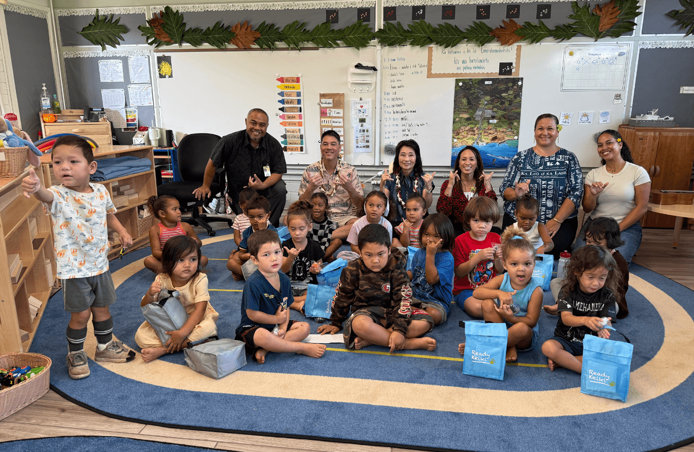Lt. Gov. Sylvia Luke with legislators, teachers, and pre –k students in a Ready Keiki preschool classroom in Hauʻula. 