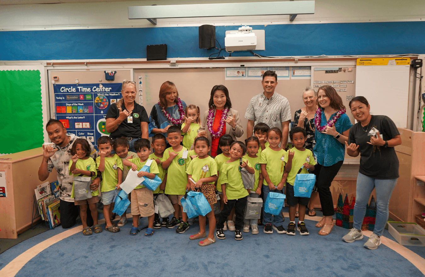 Lt. Gov. Sylvia Luke with legislators, teachers, and pre –k students in a Ready Keiki preschool classroom in East Hawaiʻi. 