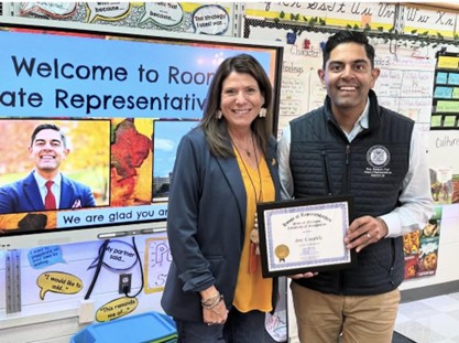 Democratic Leader Ranjeev Puri with Mrs. Caudill in her classroom. Democratic Leader Ranjeev Puri with Mrs. Caudill in her classroom.