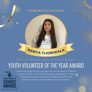 A graphic congratulations Manya Tijoriwala for being awarded the 2025 Youth Volunteer of the Year Award from the Governors Service Awards. A graphic congratulations Manya Tijoriwala for being awarded the 2025 Youth Volunteer of the Year Award from the Governors Service Awards.