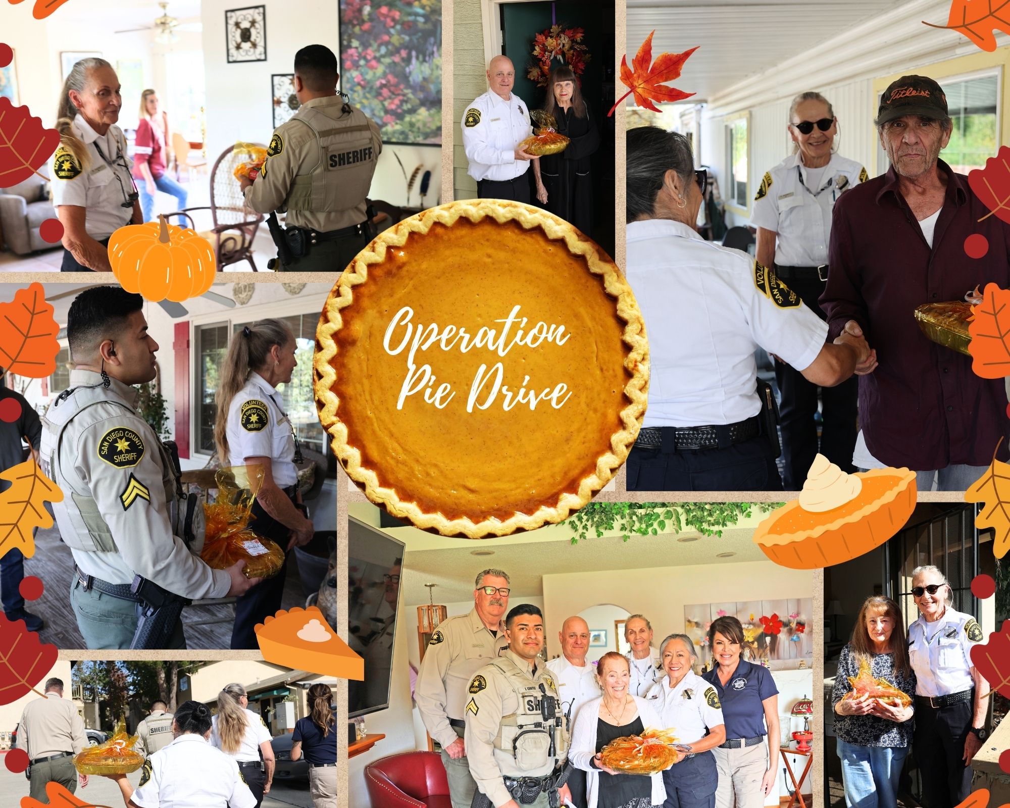 Operation Pumpkin Pie collage with images of deputies giving pies to the elderly through the yana program with fall graphics like pies and orange and yellow leaves.