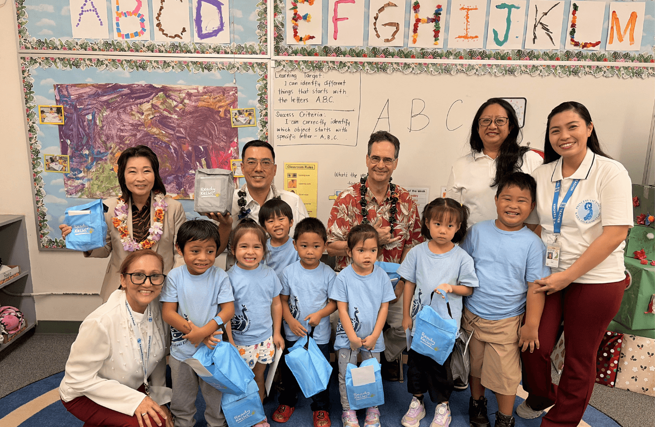 Lt. Gov. Sylvia Luke with legislators, teachers, and pre–k students in a Ready Keiki preschool classroom in Honolulu. 