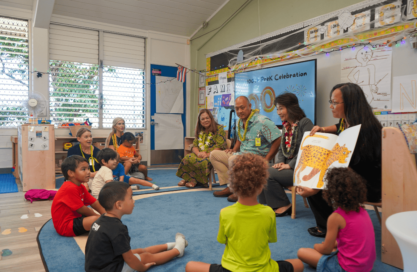 Lt. Gov. Sylvia Luke, legislator, education leaders, and pre-k students sitting in a Ready Keiki classroom. 