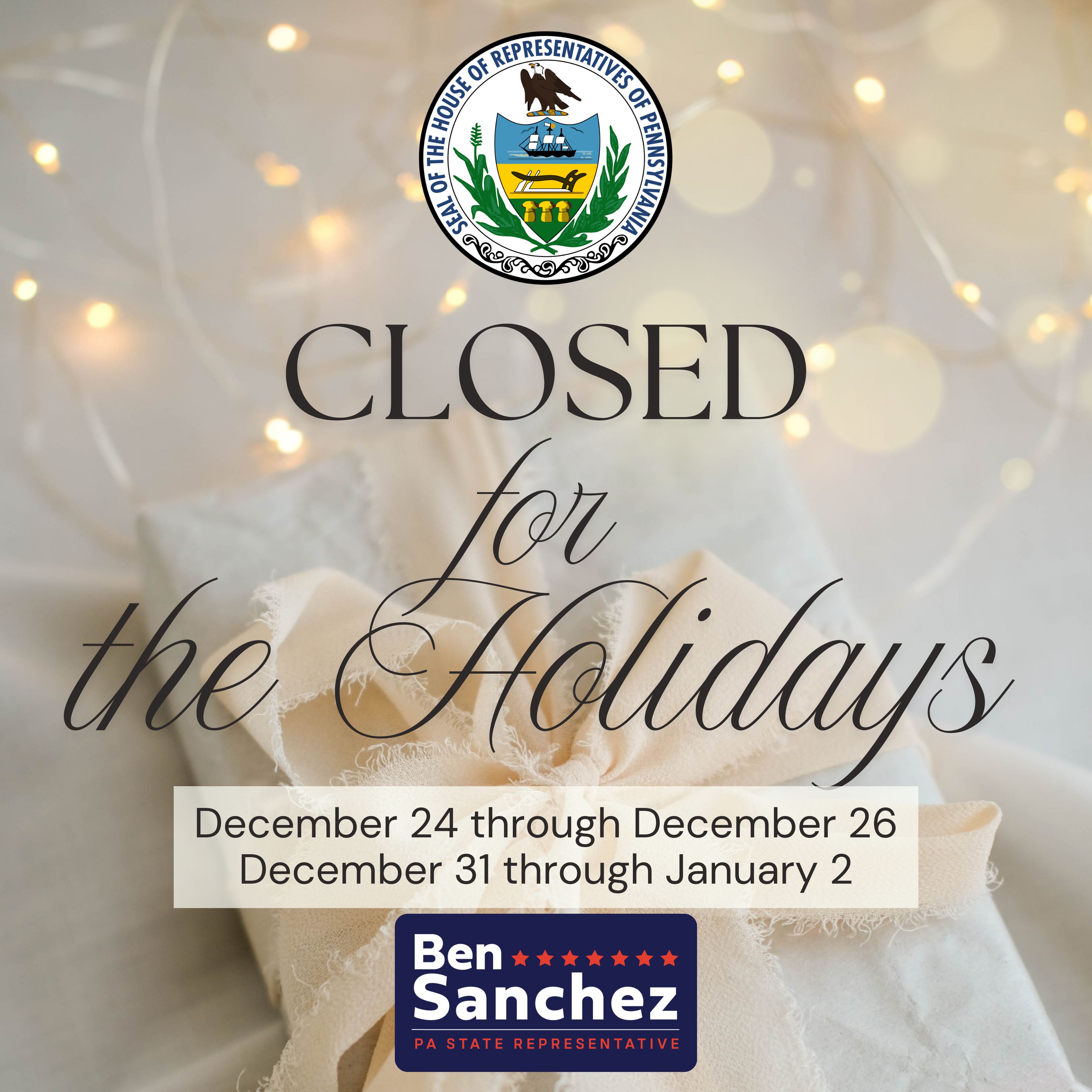 Image showing that the office will be closed for the holidays from December 24th through December 26 and again December 31 through January 2