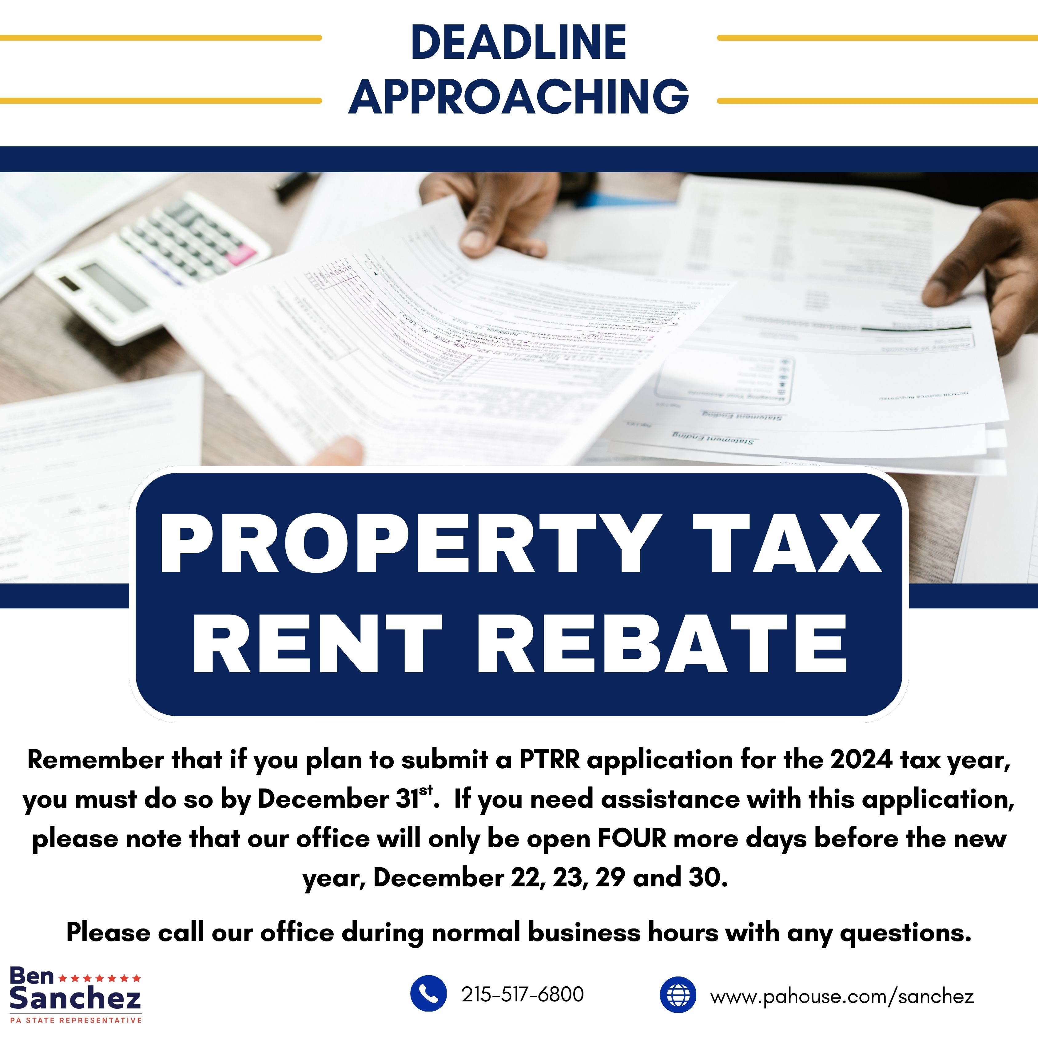Image explaining that the PTRR Deadline is coming up on December 31st. TO call office for more information at 215-517-6800
