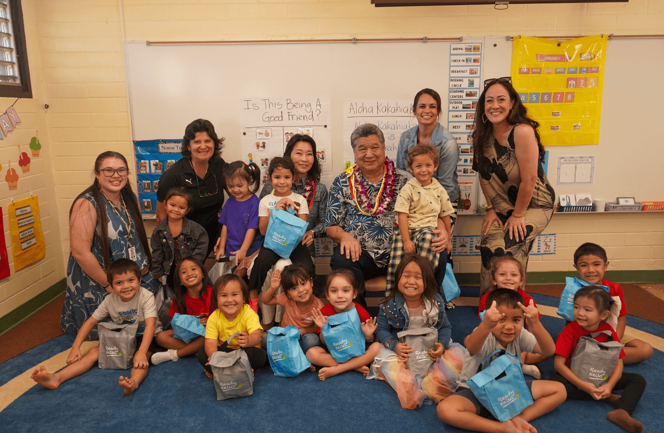 Lt. Gov. Sylvia Luke with a legislator, teachers, and pre-k students smiling in a Ready Keiki preschool classroom in Līhuʻe, Kauaʻi. 