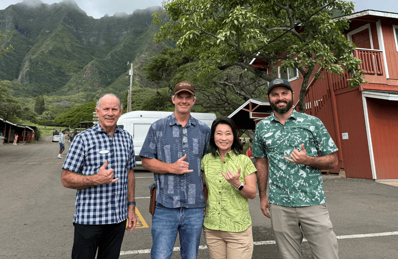 Lt. Gov. Sylvia Luke and group smiling while holding up shakas for a group photo outdoors. 