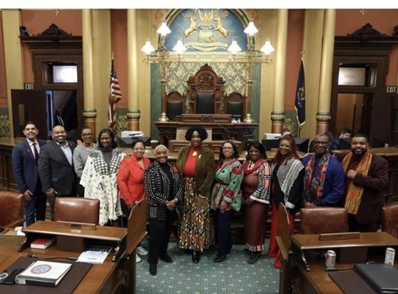 Democratic Leader Ranjeev Puri and members of the Michigan Legislature's Black Caucus posing for a photo on the House floor. Democratic Leader Ranjeev Puri and members of the Michigan Legislature's Black Caucus posing for a photo on the House floor.