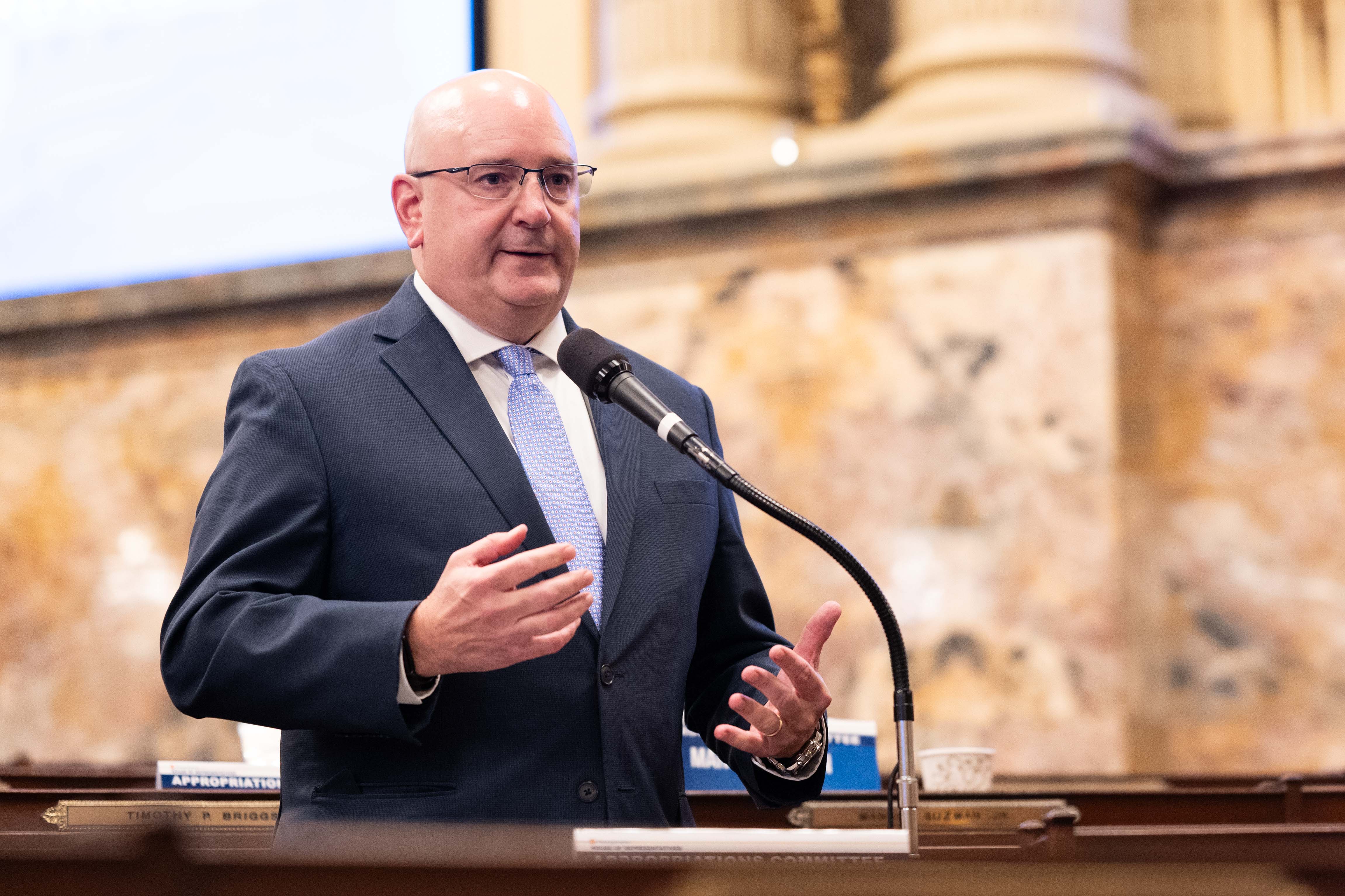 Image of Representative Ben Sanchez asking a question to the Department of State representatives during a Appropriations Committee Hearing in Harrisburg